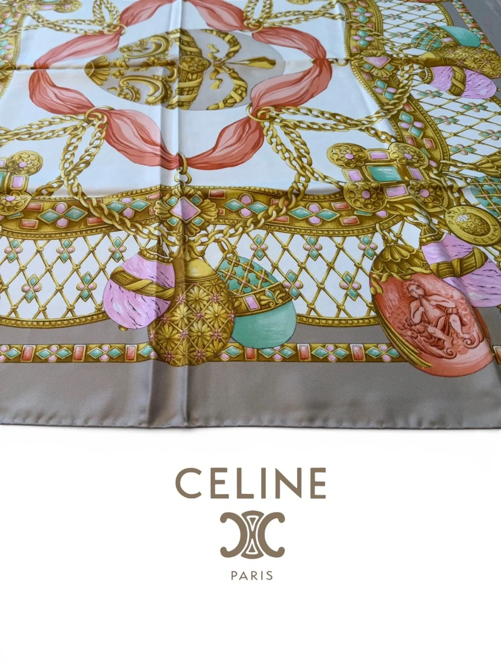 Celine Silk Scarf in Taupe, Pink & Mint with Gold Motif